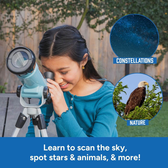 Young girl looks through a light blue telescope on a white tripod. Insets show a starry night sky and a bald eagle.