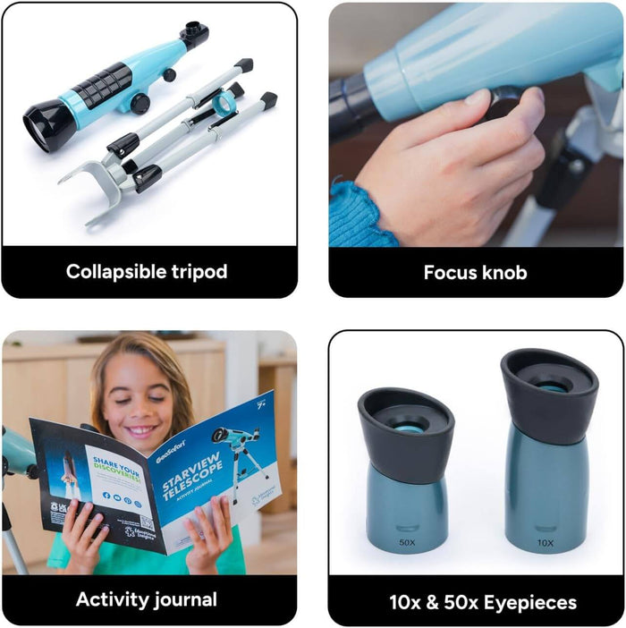 Collage showing the blue telescope's collapsible tripod, focus knob, activity journal, and 10x and 50x eyepieces.
