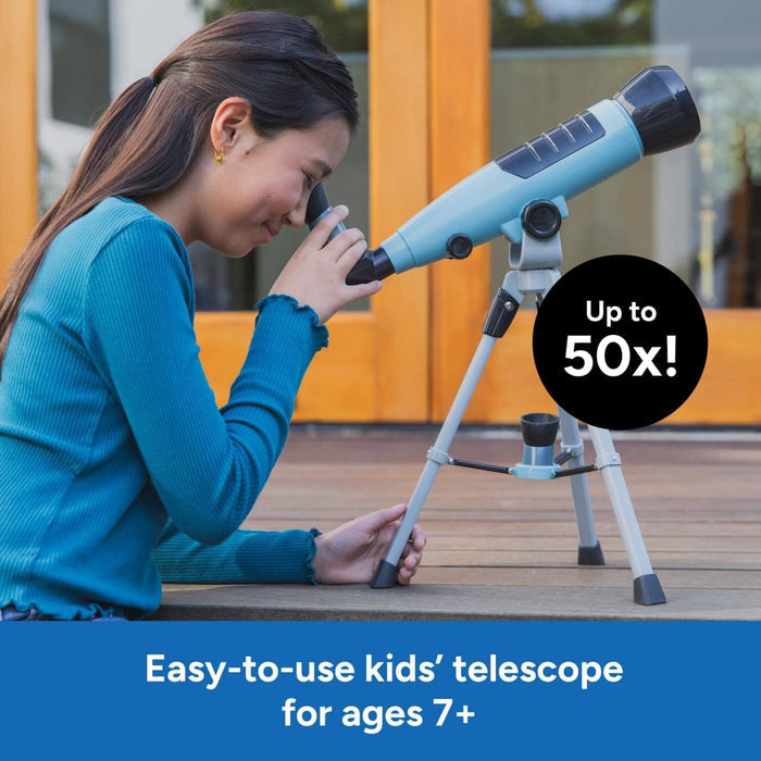 Girl using a blue and black telescope on a tripod. Text: Up to 50x! and Easy-to-use kids' telescope for ages 7+.