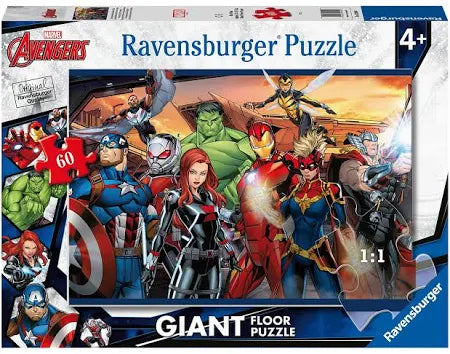 Ravensburger 60-piece Avengers giant floor puzzle box featuring colorful illustrations of Marvel superheroes.