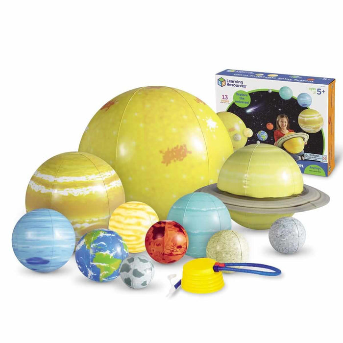 Large yellow inflatable sun and colorful planets, including ringed Saturn, with a foot pump and product box.