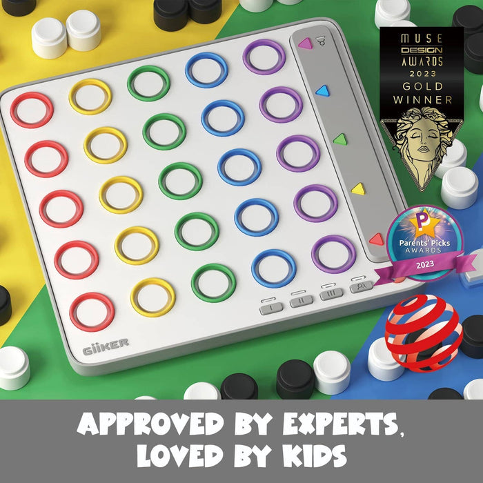 White electronic board with a 5x5 grid of colored rings, game pieces, and award badges on a colorful background.