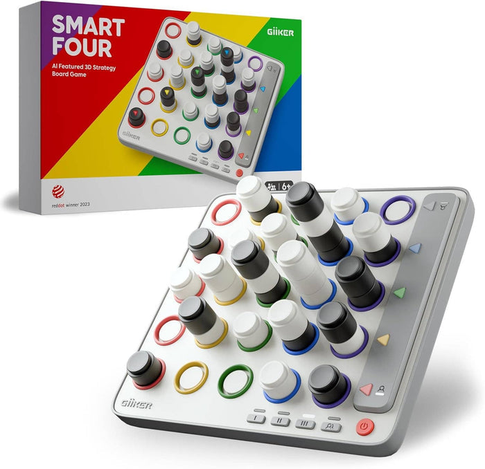 3D board game with black and white stacking pieces and colorful rings on a white base, next to its vibrant product box.
