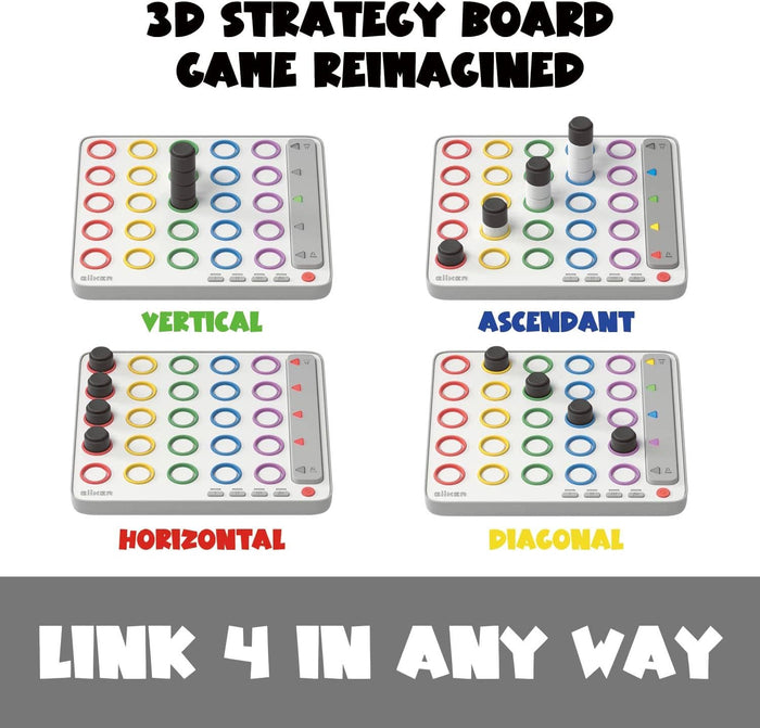 Four game boards showing vertical, horizontal, diagonal, and ascendant winning patterns with black pegs.