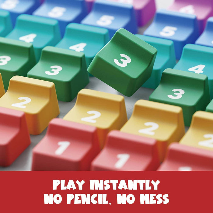Colorful numbered tiles in red, yellow, and green with a lifted green 3. Text: PLAY INSTANTLY NO PENCIL, NO MESS.