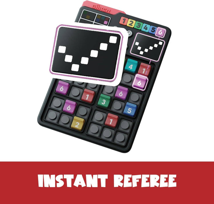 Handheld electronic Sudoku game with colorful numbered tiles and a screen displaying a white pixelated checkmark.