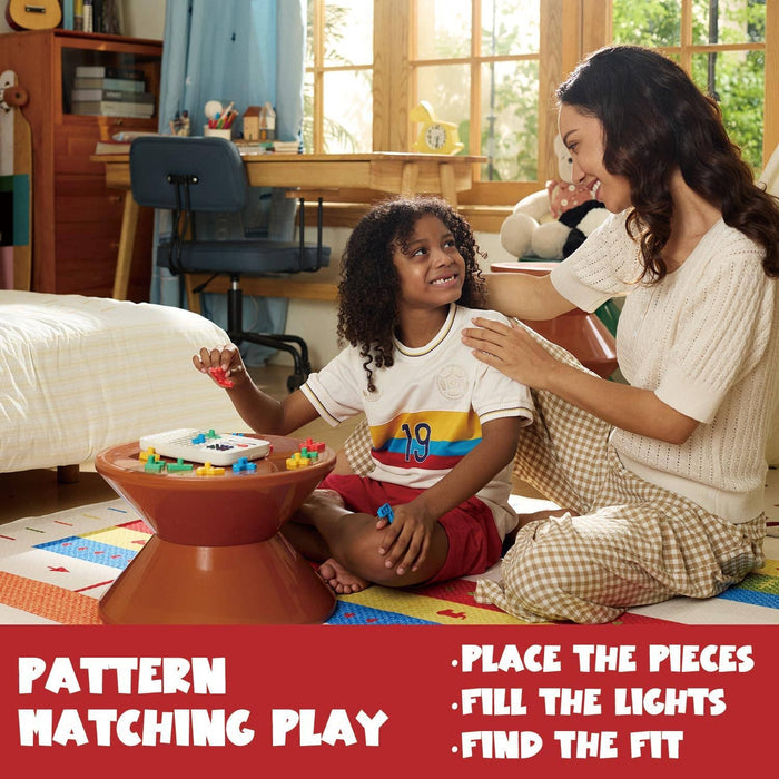 A child and adult play with a light-up puzzle game on a brown stool. Text says pattern matching play.