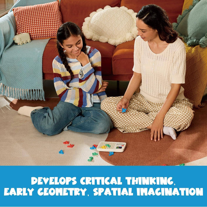 Woman and girl play with a white handheld electronic game and colorful geometric blocks on a living room rug.