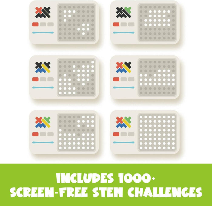 Six white puzzle cards with colorful icons and grey dot grid patterns. Green banner says 1000+ STEM challenges.