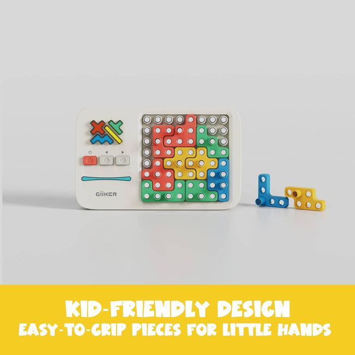 White handheld puzzle game featuring colorful red, yellow, green, and blue block pieces on a grid with loose pieces.