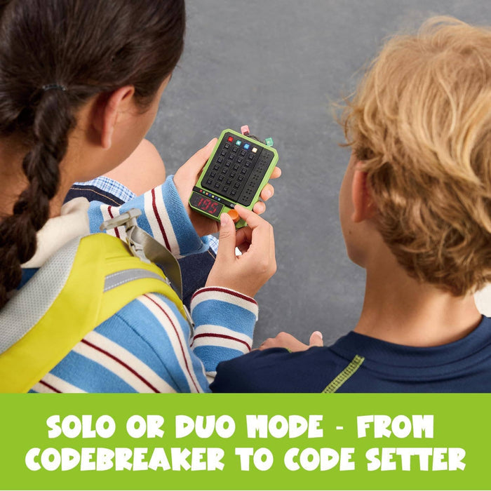 Two children play with a lime green handheld electronic puzzle featuring a grid of lights and red digital numbers.