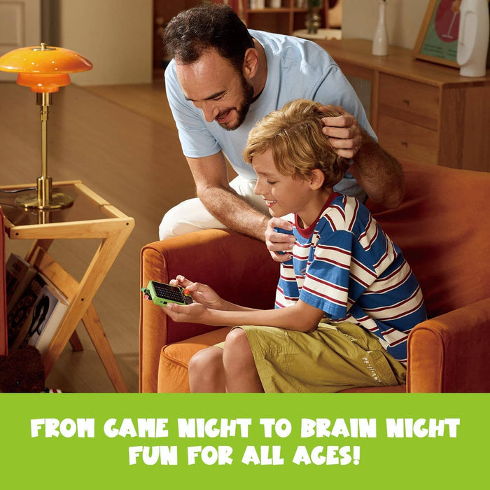 Father and son play with a green handheld electronic decoder game. Text: Fun for all ages!