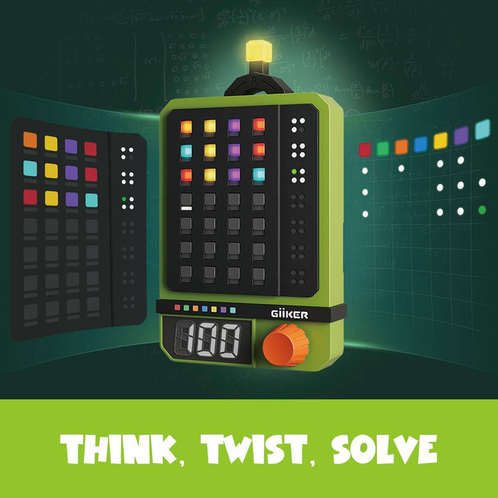 Green handheld electronic puzzle game featuring multi-colored light-up buttons, a digital screen, and an orange knob.