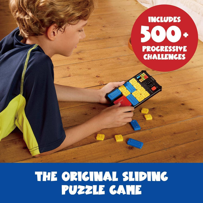 Boy playing an electronic sliding puzzle with red, blue, and yellow blocks and a digital screen on a handheld device.