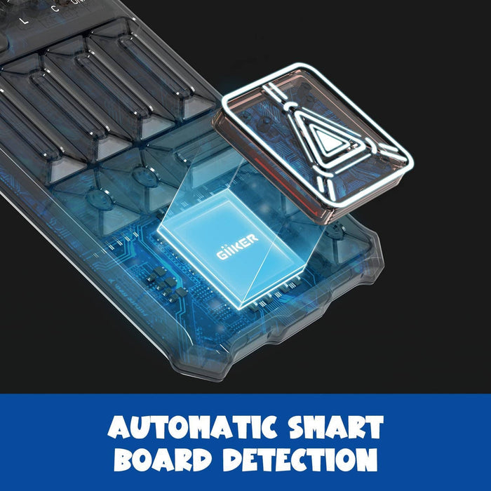 Close-up of blue circuit board with glowing GiiKER chip and hovering puzzle piece. Automatic smart board detection.