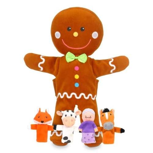 Brown gingerbread man hand puppet with white icing details and four finger puppets: fox, cow, woman, and horse.