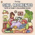 Front cover of Girl Moments coloring book featuring a girl sketching on a sofa surrounded by her pets.