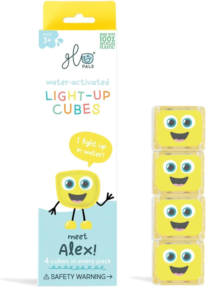 Tall white box with a yellow cube character next to four stacked translucent yellow cubes with smiling faces.