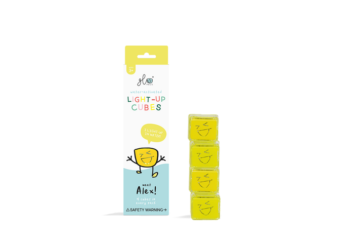 Yellow and white box next to a stack of four translucent yellow square cubes with smiling faces.