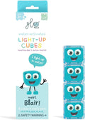 Packaging and four blue translucent light-up cubes with character faces featuring eyes, freckles, and a smile.