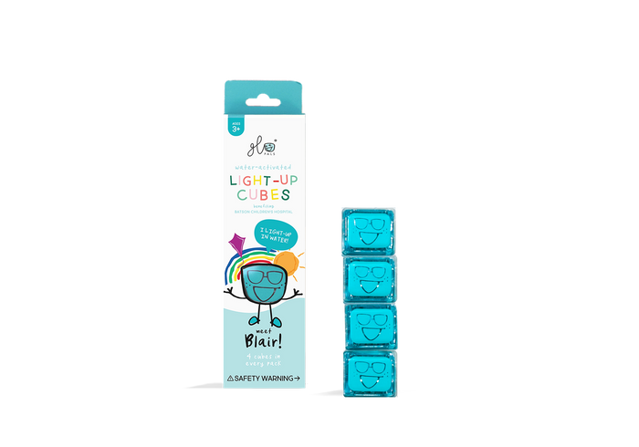 Four blue cubes with glasses faces stacked next to a teal and white box featuring Blair the character.