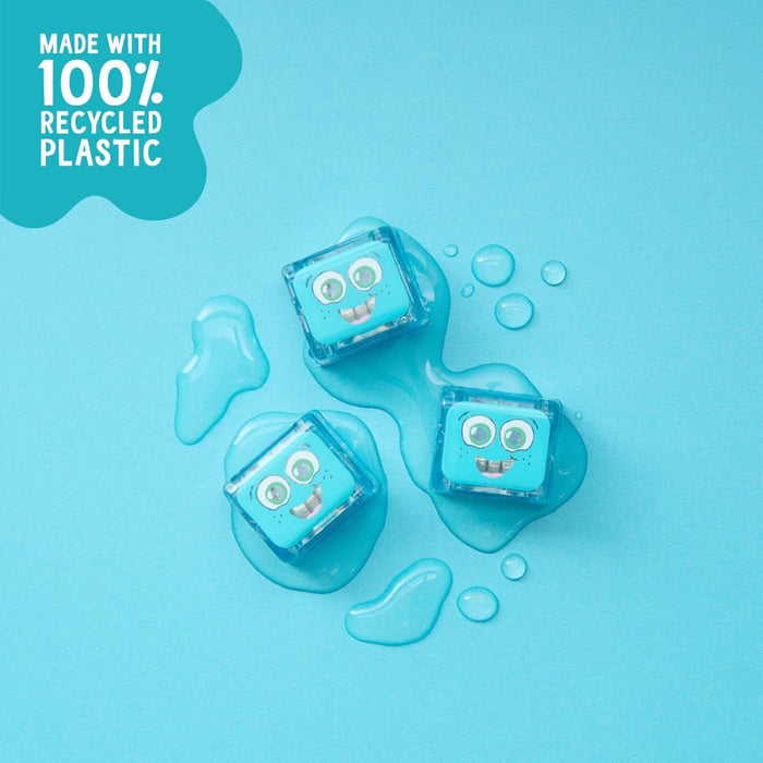 Three blue light-up cubes with smiling cartoon faces in water. Text: Made with 100% recycled plastic.