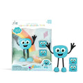 Blue square character with black bendy limbs, two matching light-up cubes, and rainbow-themed toy packaging.
