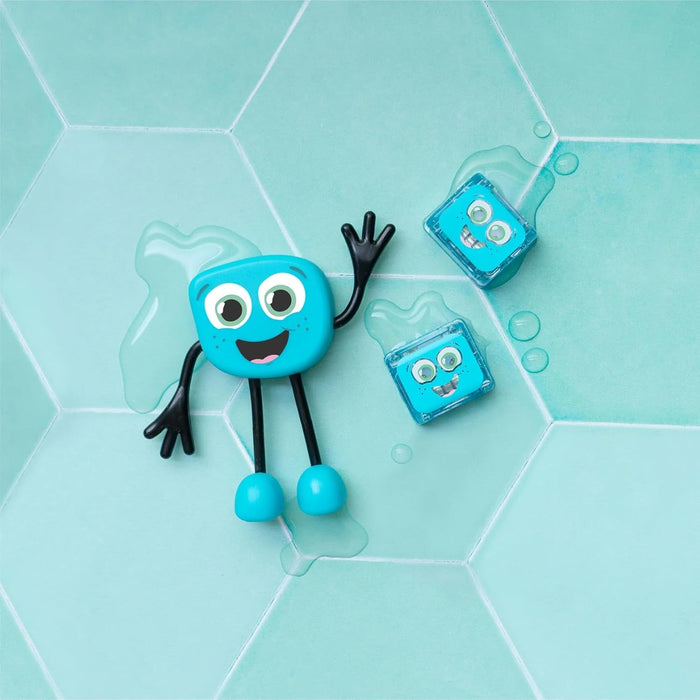 Blue square character waving next to two small blue cubes on light teal hexagonal tiles with water splashes.