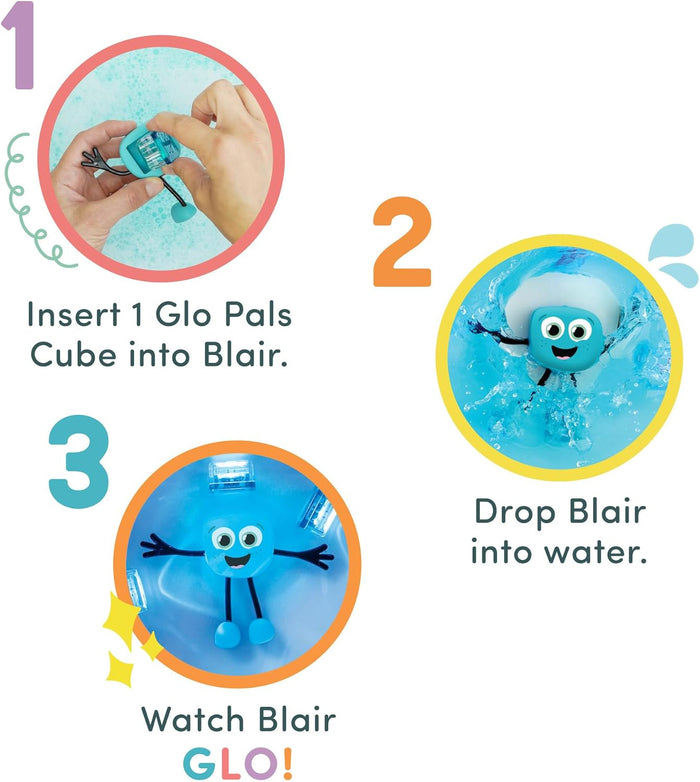 A three-step guide shows how to insert a cube into the blue square toy and watch it glow when dropped into water.