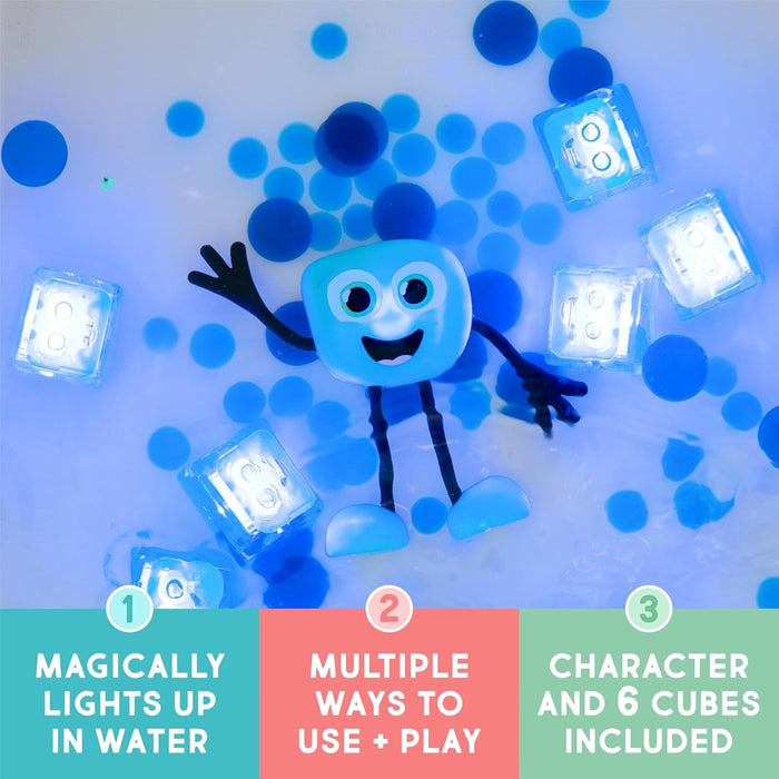 Blue square character with a face waves in water with six glowing cubes and blue water beads.