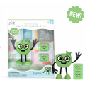 Green cube character with glasses and a bow, next to its packaging and two small light-up cubes.