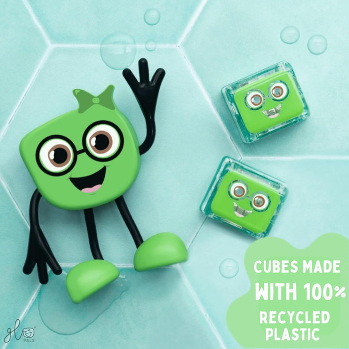 Lime green cube character with glasses and bow waving beside two clear cubes on teal hexagonal tiles.