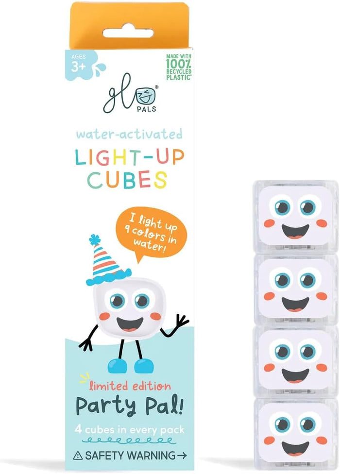 White and orange Glo Pals box next to four stacked clear light-up cubes with friendly faces and blue eyes.