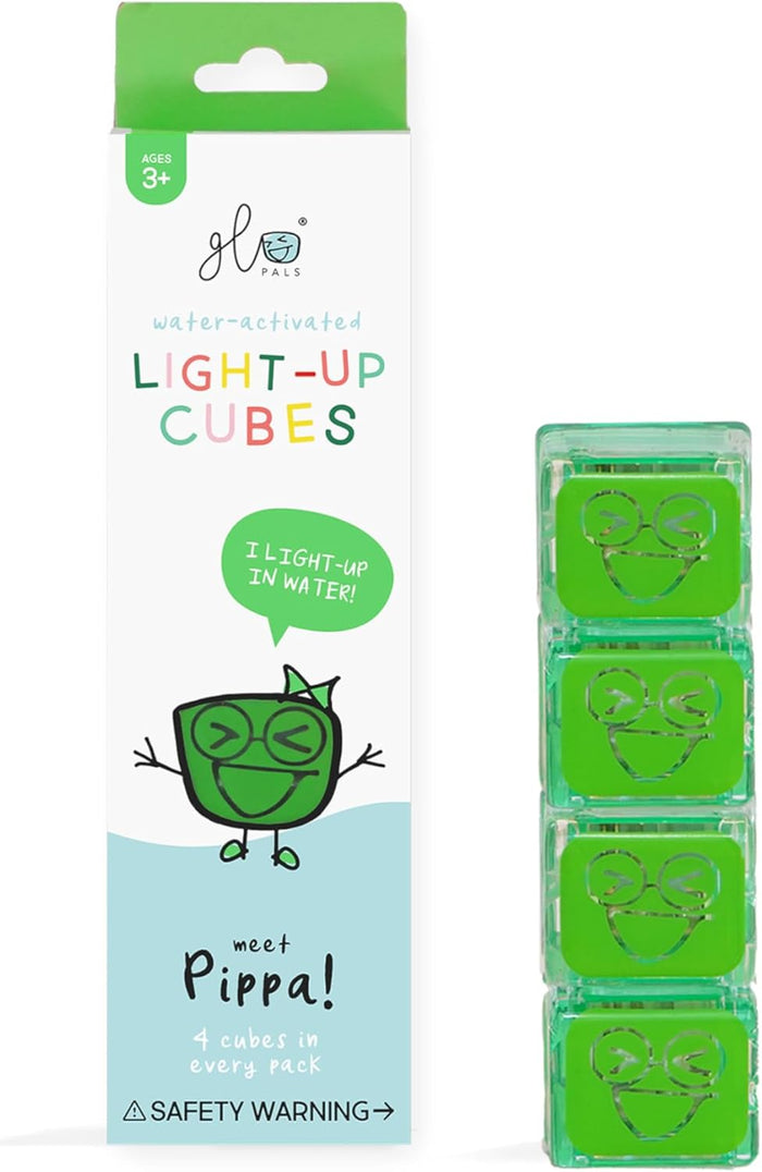 Product box and four stacked translucent green cubes with smiling faces and green character illustrations.