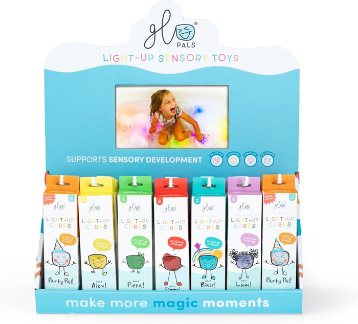 Retail display for Glo Pals Light-Up Sensory Toys, featuring Pippa in green packaging alongside other characters.