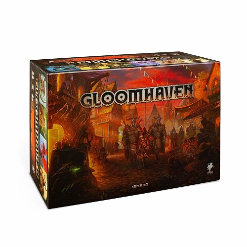 Rectangular board game box with fantasy artwork of armored warriors in a glowing orange sunset city.