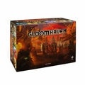 Rectangular board game box with fantasy artwork of armored warriors in a glowing orange sunset city.