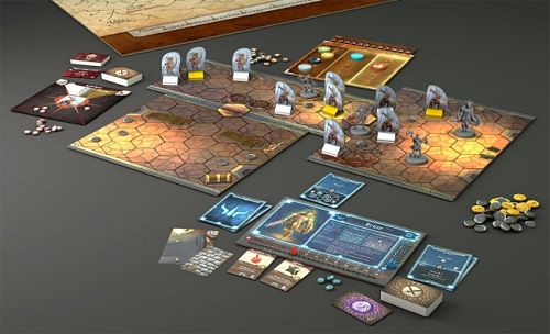 Fantasy board game set with modular hexagonal tiles, plastic miniatures, standees, cards, and gold tokens.