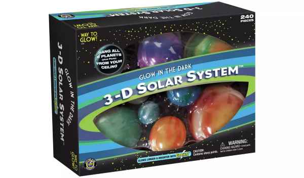 Black box for a 240-piece solar system set showing colorful, glowing planet models through a clear front window.