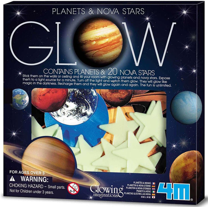 Dark box showing pale green glow-in-the-dark stars and colorful planet stickers through a clear display window.