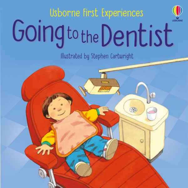 Children's book cover showing a boy in a red dentist chair with a bib, sink, and lamp on a blue background.