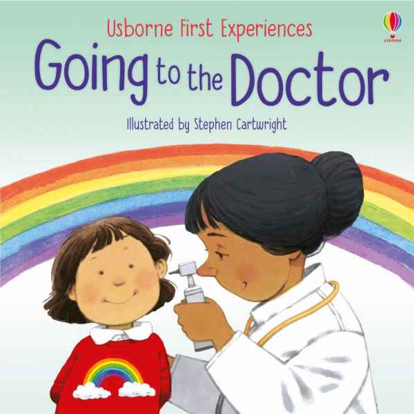 Book cover shows a doctor examining a girl's ear against a rainbow. The girl wears a red sweater with a rainbow graphic.
