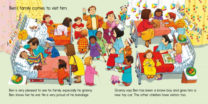 Brightly colored illustration of a children's hospital ward with families visiting patients and giving gifts.