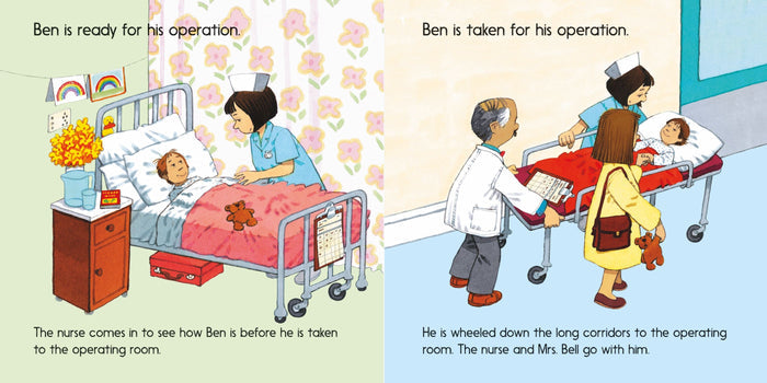 Colorful children's book spread showing a boy in a hospital bed and being wheeled on a gurney by medical staff.