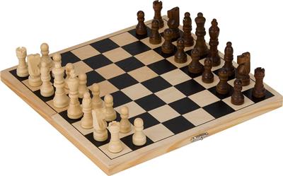 Folding wooden chessboard with light and dark squares and matching wooden pieces in natural and dark brown.