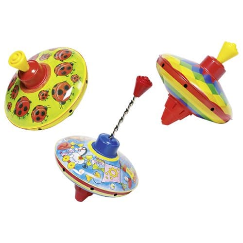 Three metal spinning tops with ladybug, rainbow, and whimsical patterns on a plain white background.