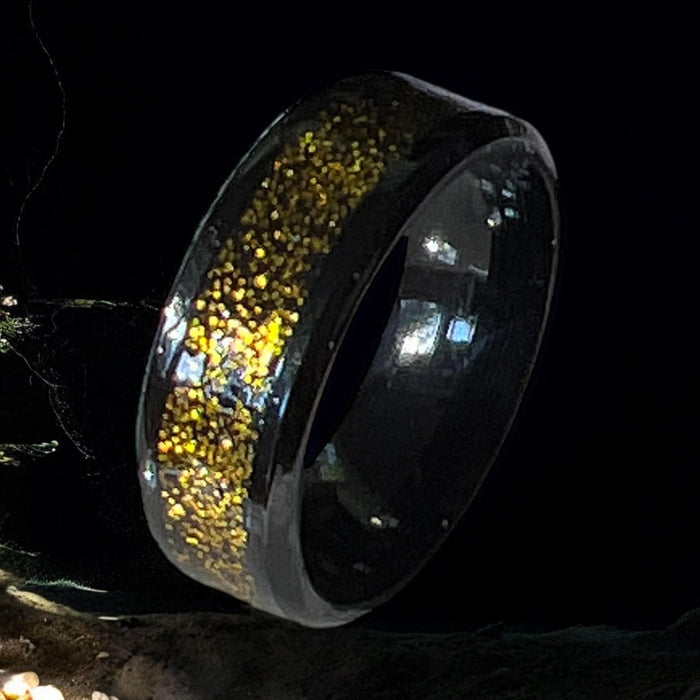 Gold Rush – Stainless Steel Ring With Black Polymer Clay Inlay And Gold Glitter