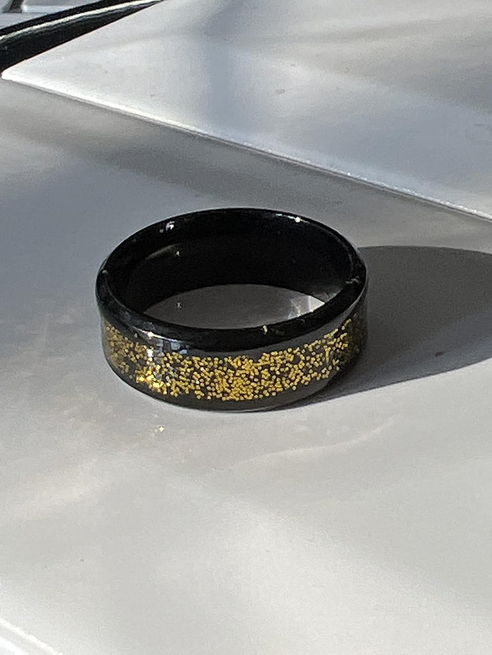 Gold Rush – Stainless Steel Ring With Black Polymer Clay Inlay And Gold Glitter