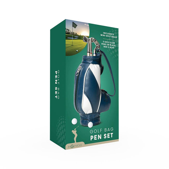 Boxed miniature blue and white golf bag with three golf club pens and two small golf balls on a green background.