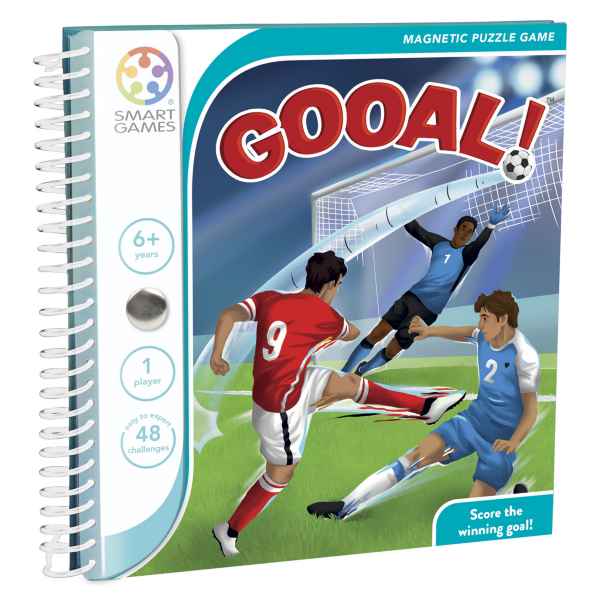 Teal spiral-bound magnetic puzzle book cover with soccer players in red and blue kits scoring a goal.